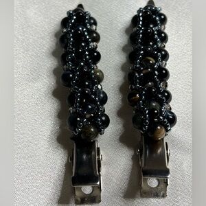 Hand crafted hair clips black tigereye & obsidian beads crystals & seed beads